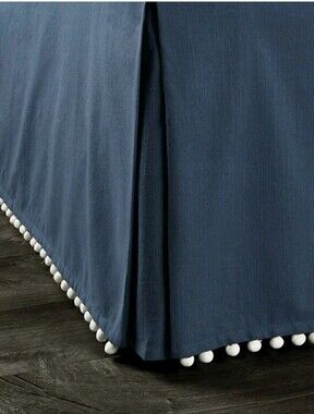 NEW Ballard Designs Audree Pom Pom Bedskirt Queen Indigo Blue Cream Pom-pom Trim